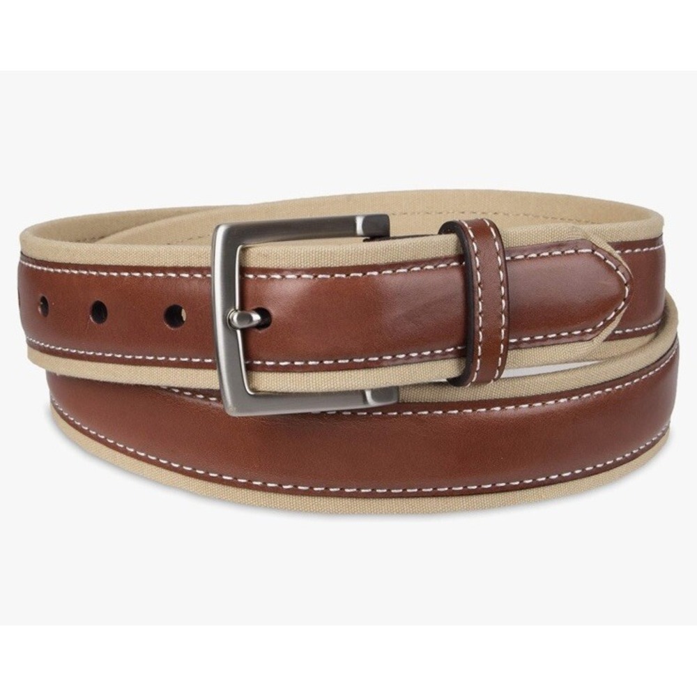 Tommy Bahama Mens Two-Tone Canvas Leather Casual Golf Belt Brown Tan Size 44